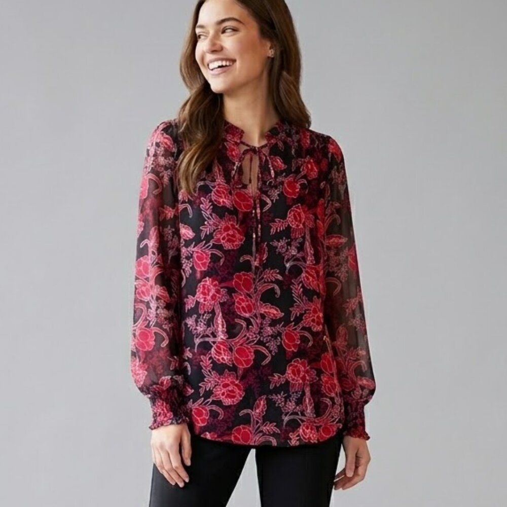 WHBM Art Nouveux Tunic Shirt All Over Black Floral Jersey Medium NWT